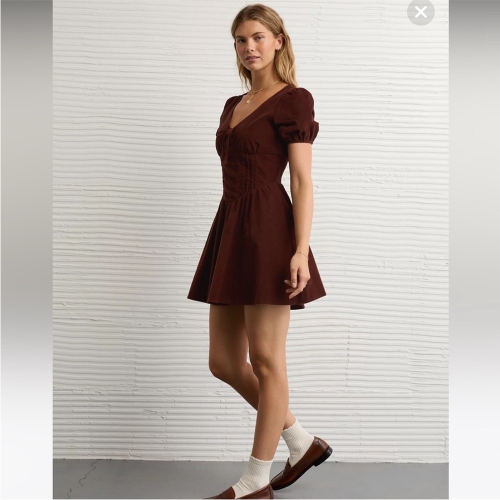 NWT American Eagle Brown Corduroy V-Neck Basque Waist Mini Dress *flaw - Picture 2 of 12